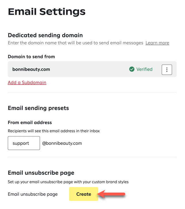 Create button on Email settings page.