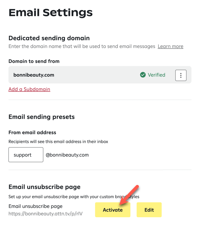 Activate button on Email settings page.