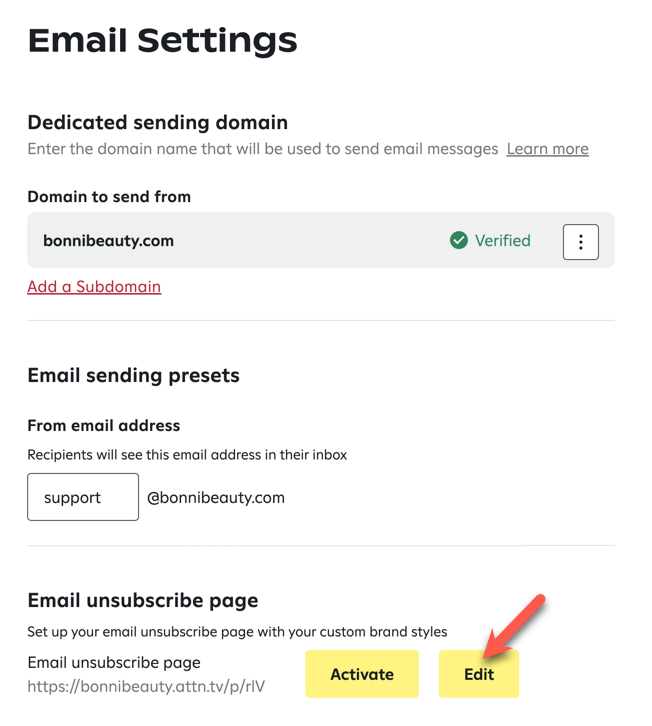 Edit button on Email settings page.