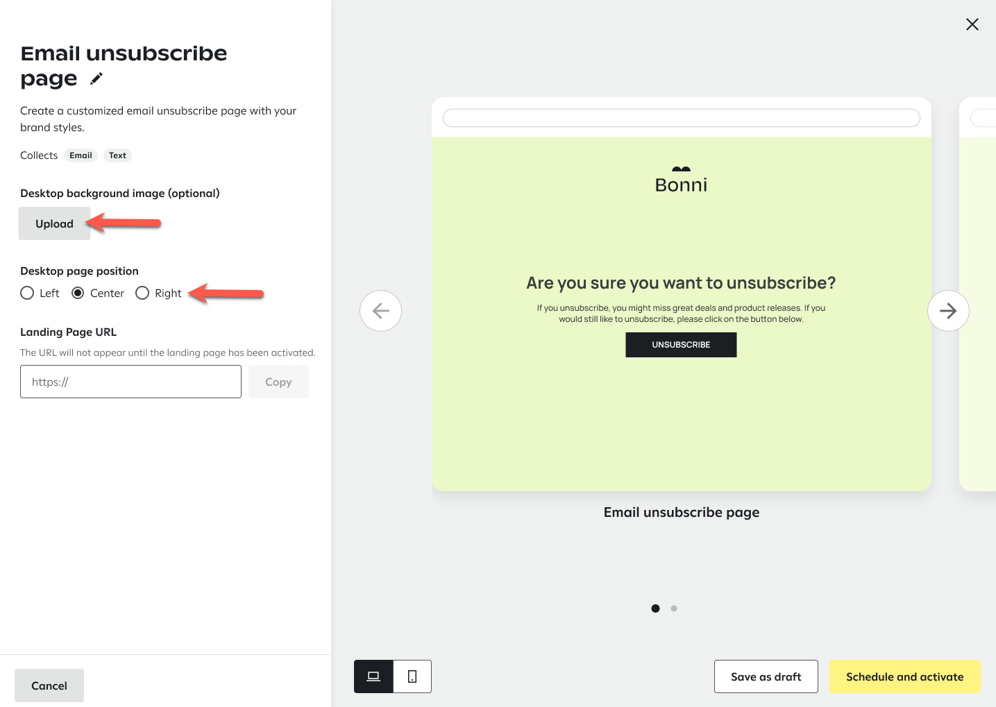 Options to upload a desktop background image and change page position in the email unsusbscribe page builder.