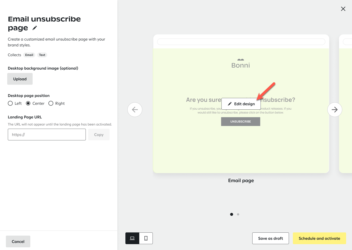 Edit design button in the email unsubscribe page builder.