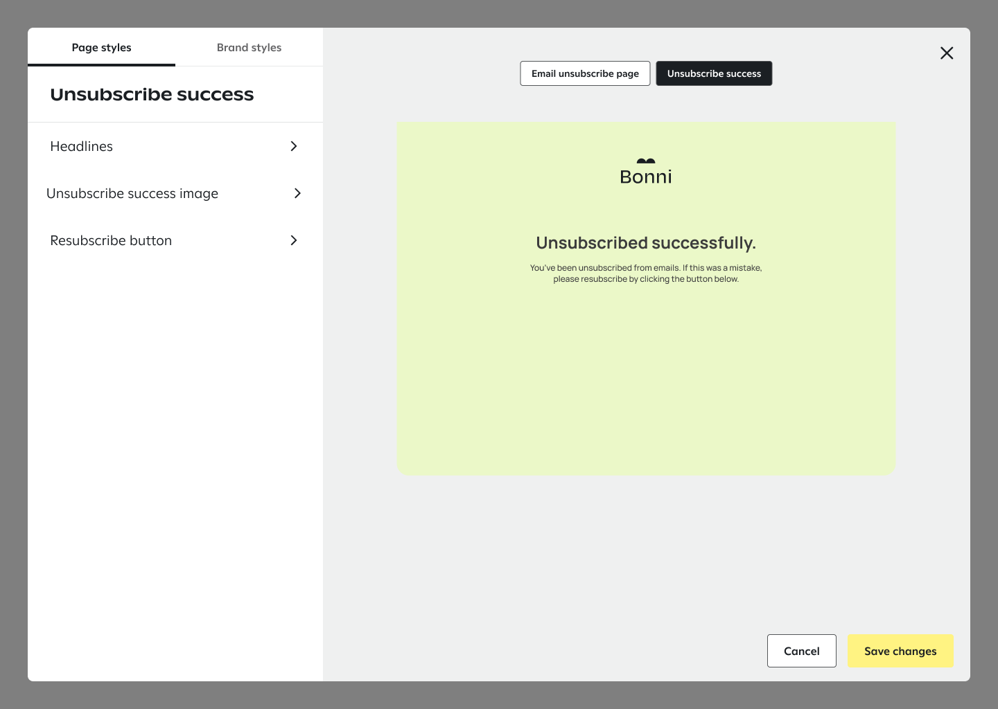 Unsubscribe success page in email unsubscribe page builder.