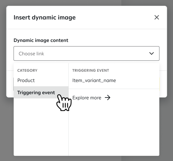 Selecting 'Triggering event' in the 'Insert dynamic image' popup to select a recently used triggering event.