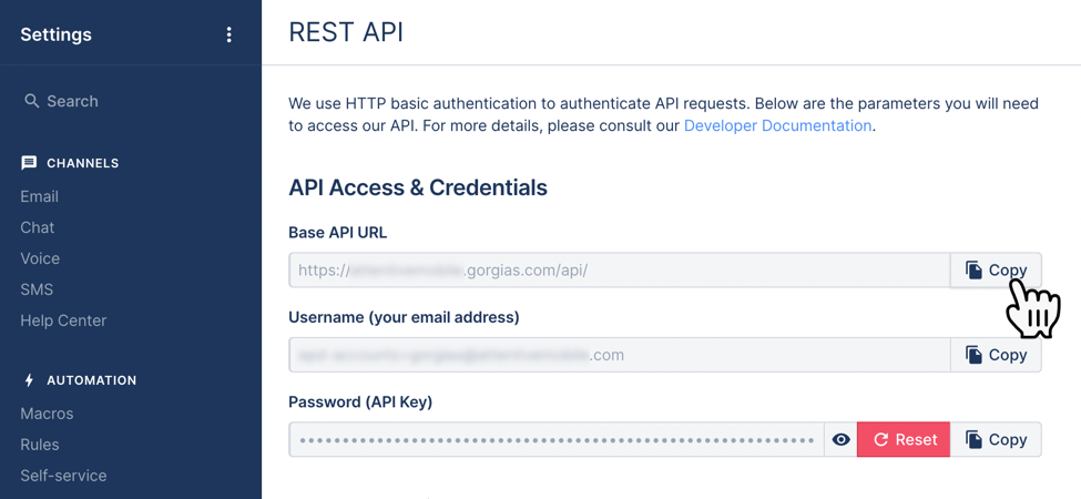 Copying the 'Base API URL' on the 'REST API' page in Gorgias.