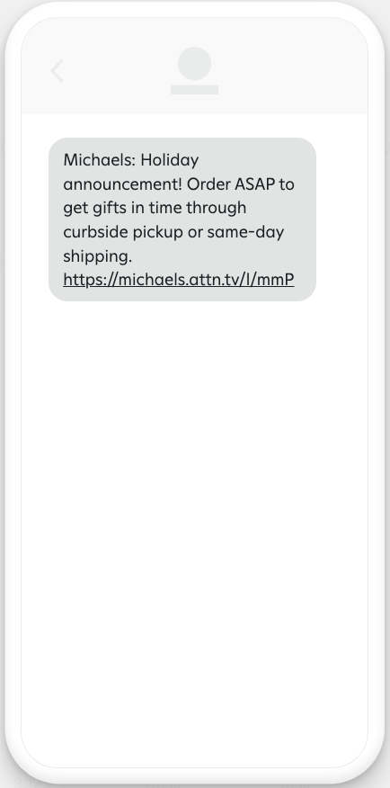 Text message reminding subscribers to order ASAP for curbside pickup or same-day shipping.