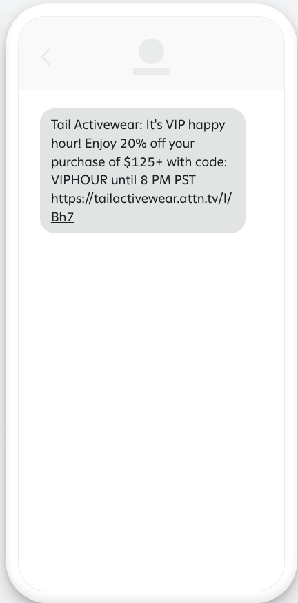 Text message announcing a 'VIP happy hour' sale.
