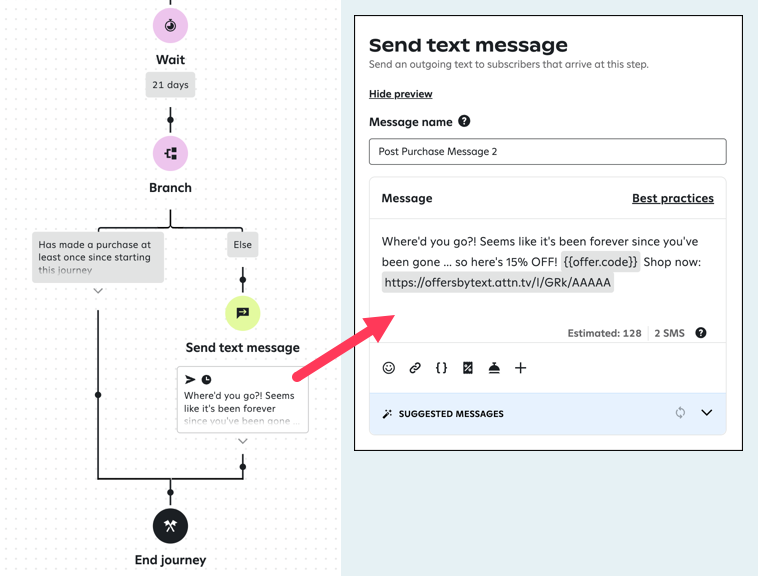 Example follow-up message with an offer in a post-purchase journey.