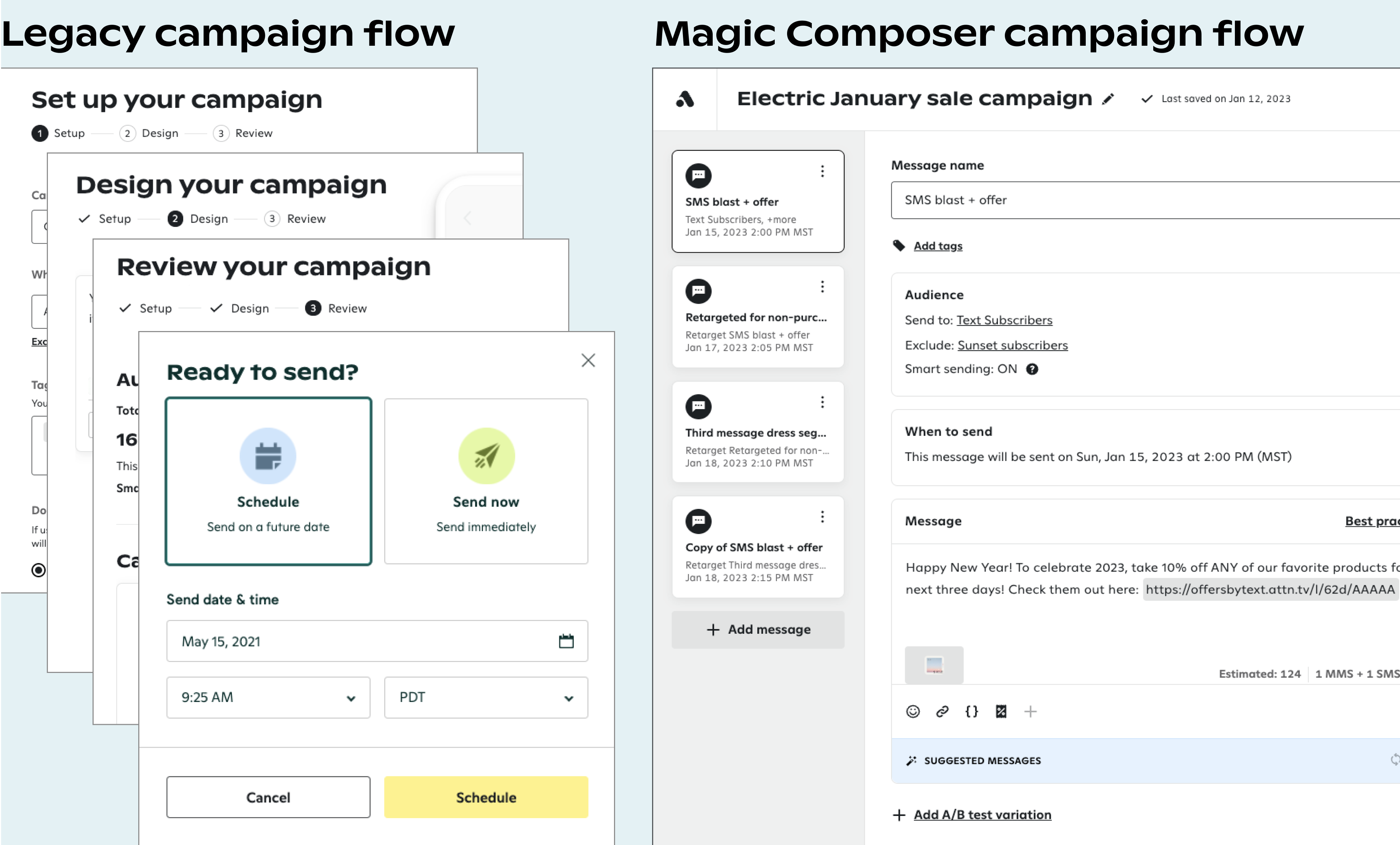 Visual comparison of legacy campaign composition versus unified workflow in Campaign Composer.