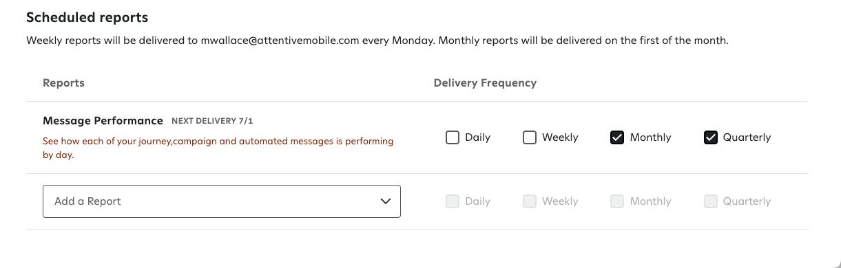 Scheduled report in the Scheduled reports section with monthly and quarterly delivery frequencies checked.