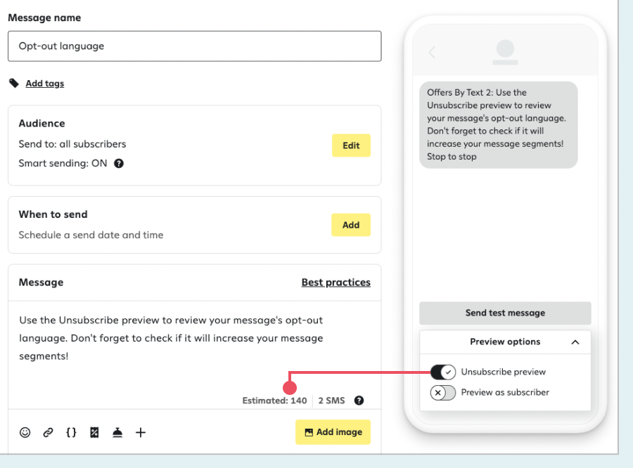 Character and message counter with unsubscribe preview in a campaign message