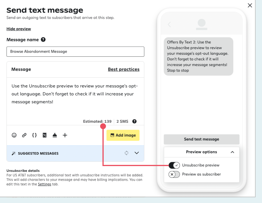mCharacter and message counter with unsubscribe preview in a journey message