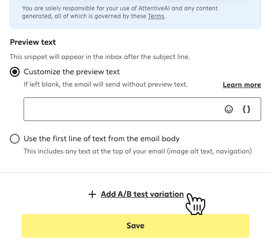 The option to add an A/B test variation above the save button in the email subject and preview text panel.