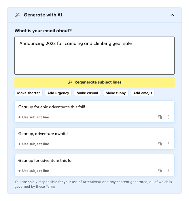 A description of an email and some Attentive AI-generated subject line based on those descriptions. 