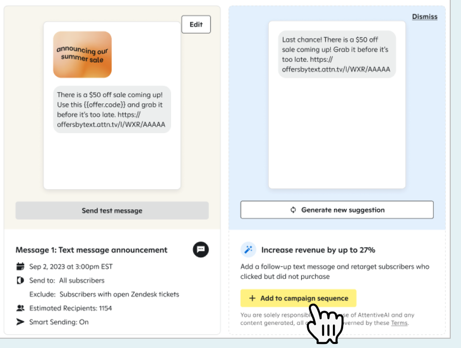Attentive interface suggesting to 'Increase revenue by up to 27%' by adding a follow-up text message; it shows the original message on the left and a suggested 'Last chance!' retargeting message on the right, with an '+ Add to campaign sequence' button highlighted.
