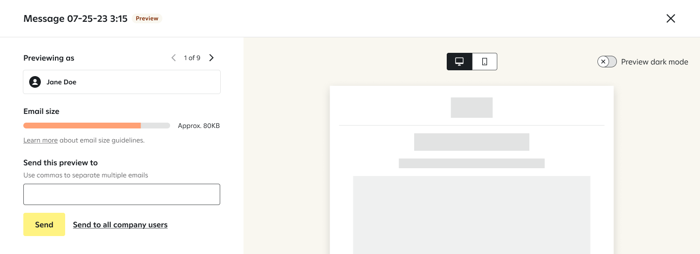 Email preview with estimated email size.