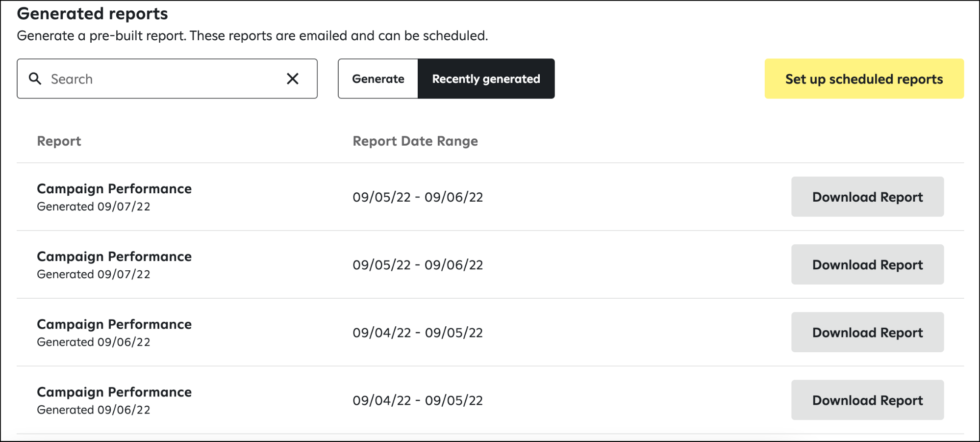 Recently downloaded tab of Generated reports section.