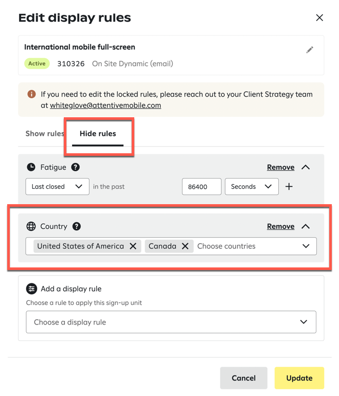 Editing the 'Hide' display rules for a sign-up unit.