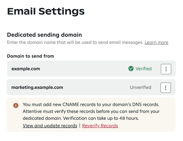 Verified and pending domain and subdomain on the Email Settings page.