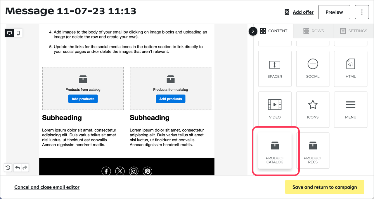 The PRODUCT CATALOG block in the right panel in the email editor.