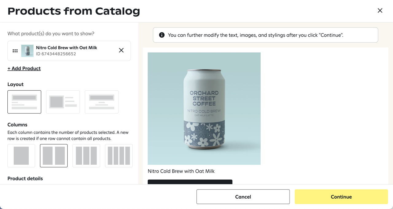 The Products from Catalog page with options to customize how your products appear in your email.