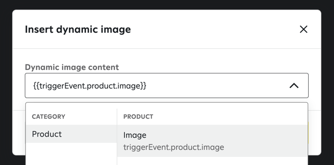 Selecting the product image in the 'Insert dynamic image' popup.