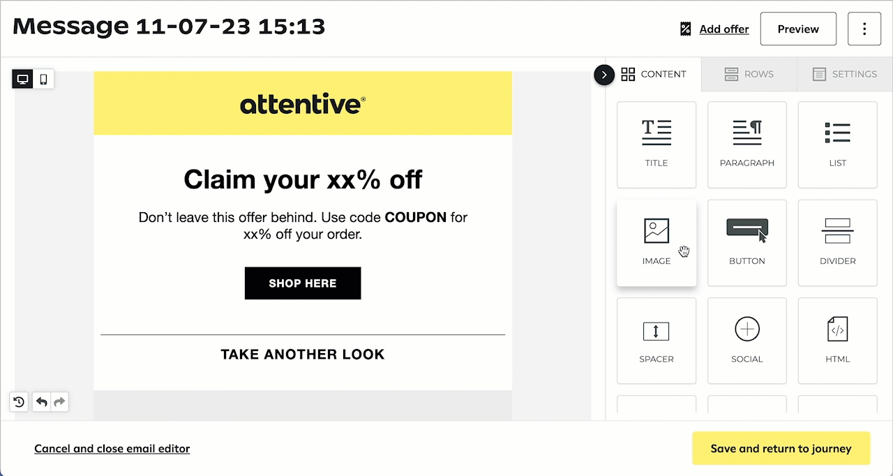 Animated demonstration of dragging and dropping an image content block into an email in the email editor.