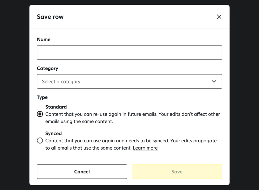 The Save row window with options to name the row, select a category, and choose saved row type.