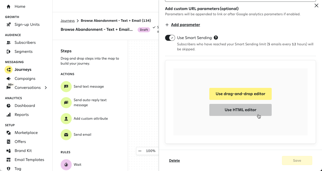 Clicking the 'Use HTML editor' button for a journey message.
