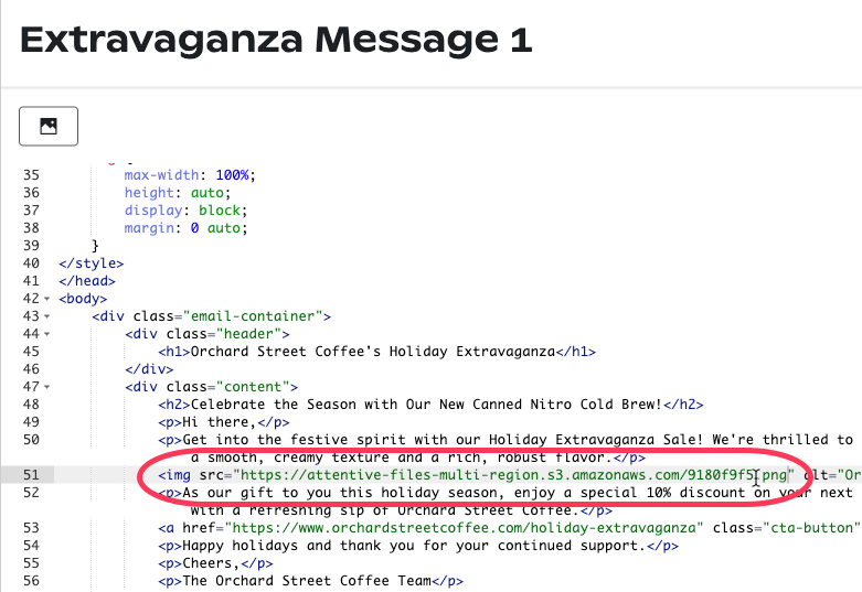 URL of uploaded image specified as the src parameter inside an img tag in the HTML code.