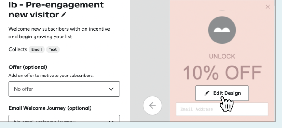 Hovering over a sign-up unit and clicking Edit Design.