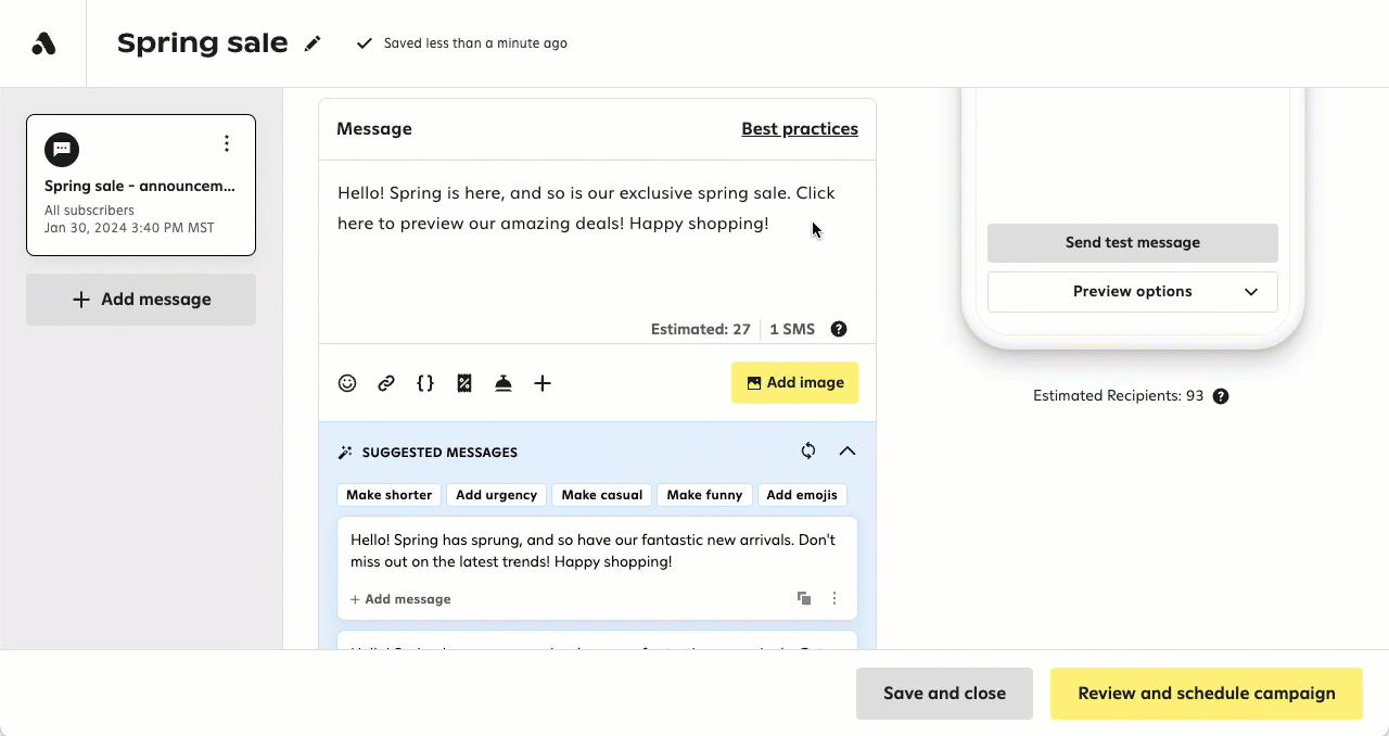 Animation showing creation of a link tracking parameter for a text message for a seasonal campaign.