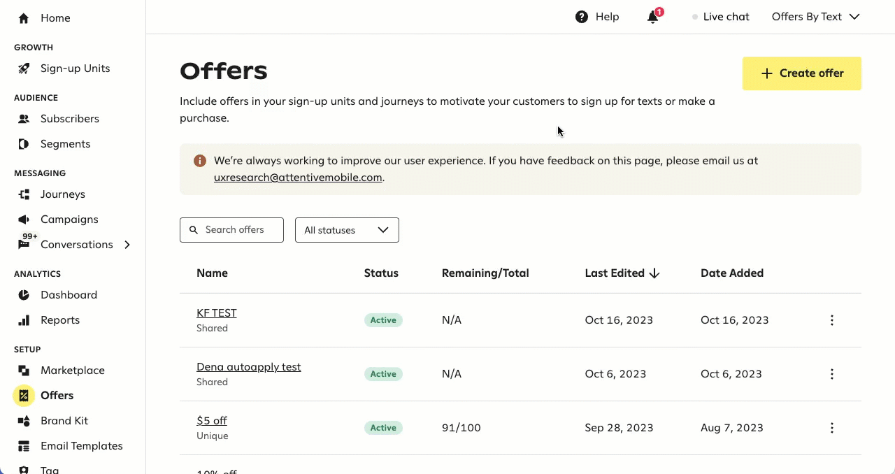 Clicking + Create offer on the Offers page and clicking Select next to Integrated discount codes.