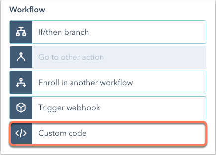 The ‘Custom code’ action under ‘Workflow’ in HubSpot.