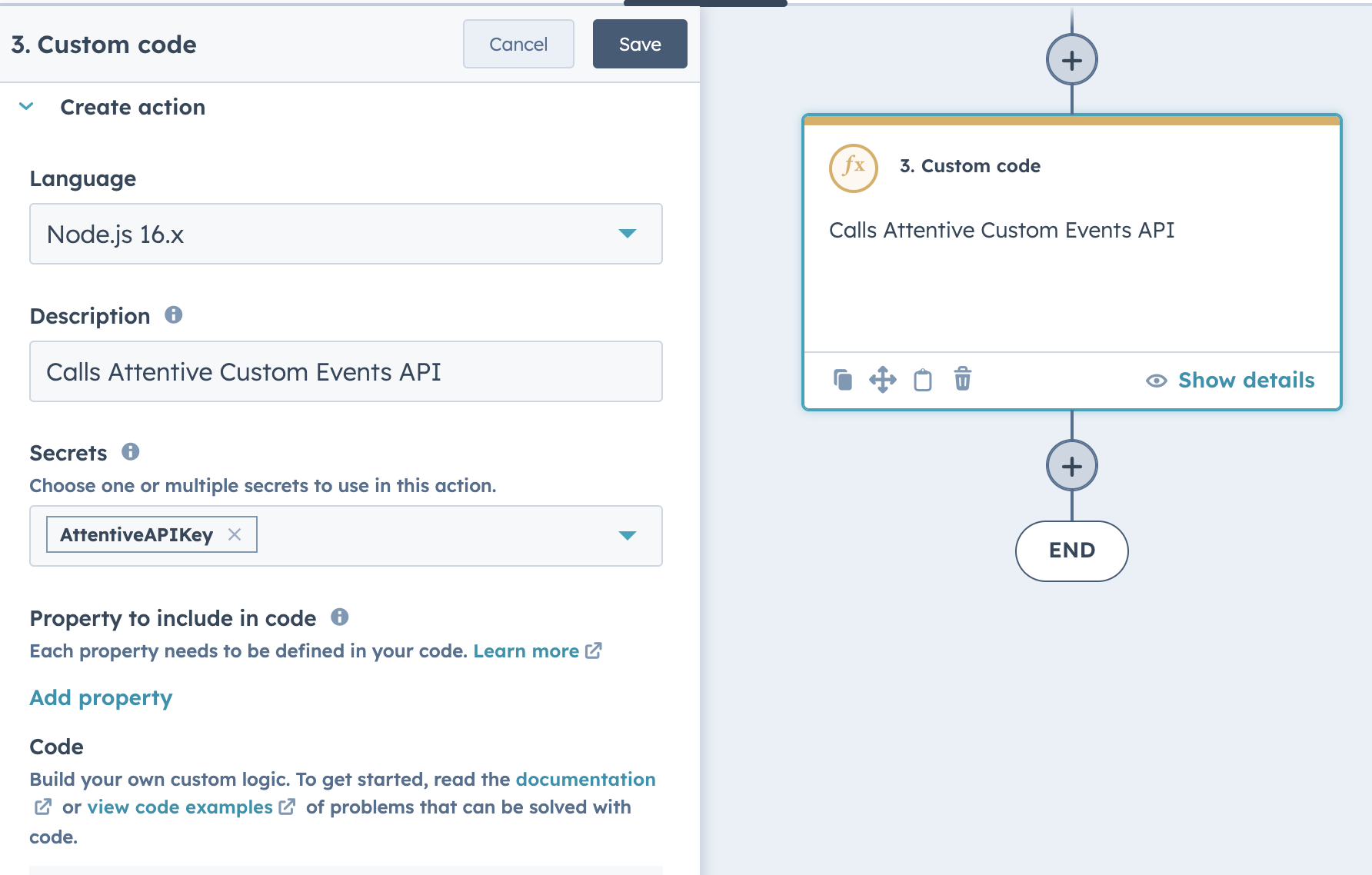 Adding custom code to a HubSpot workflow with language, description,
    and secrets selected or entered.