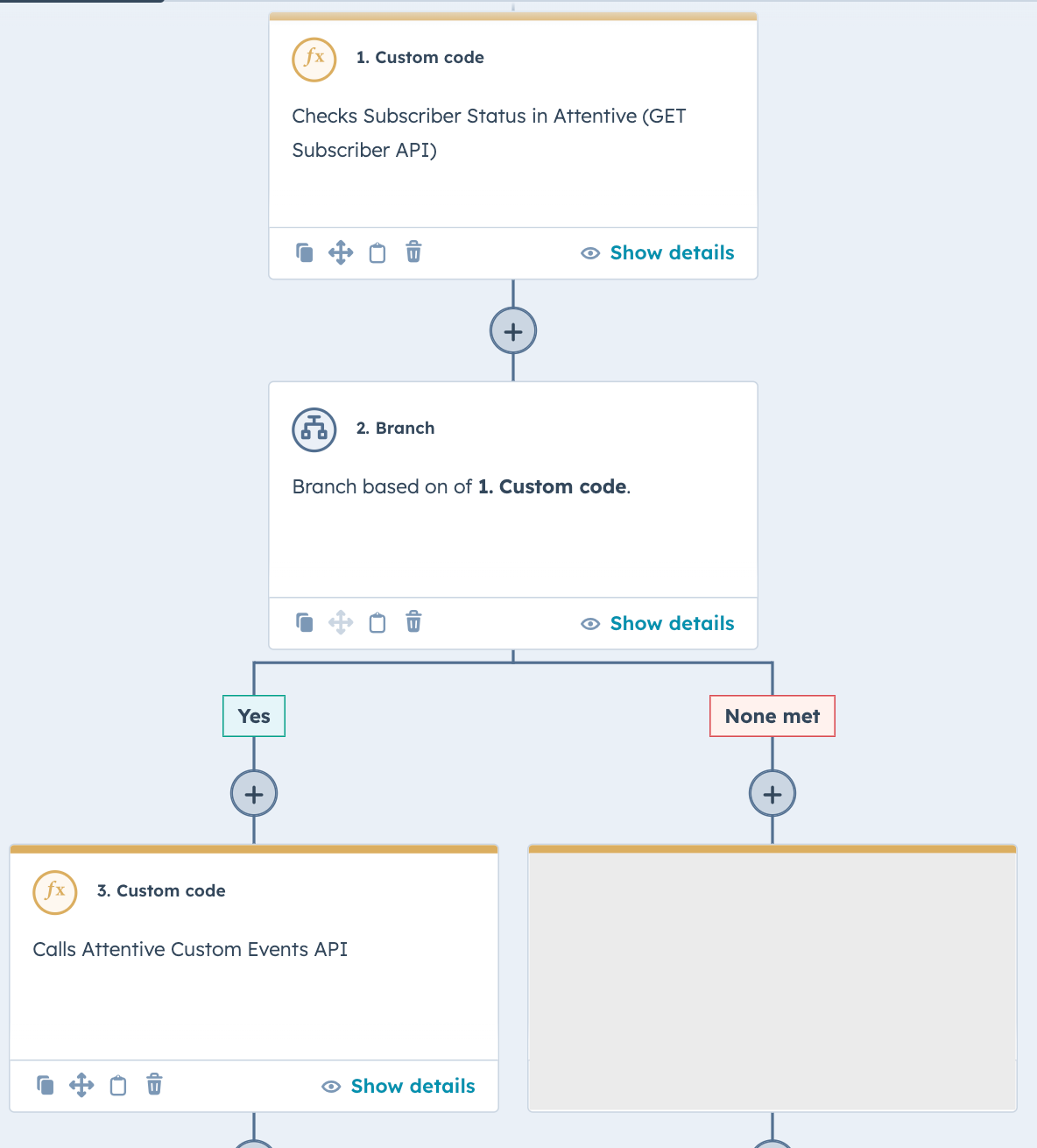 A custom code action in HubSpot that checks' a subscriber's subscription status before calling the Custom Events API.