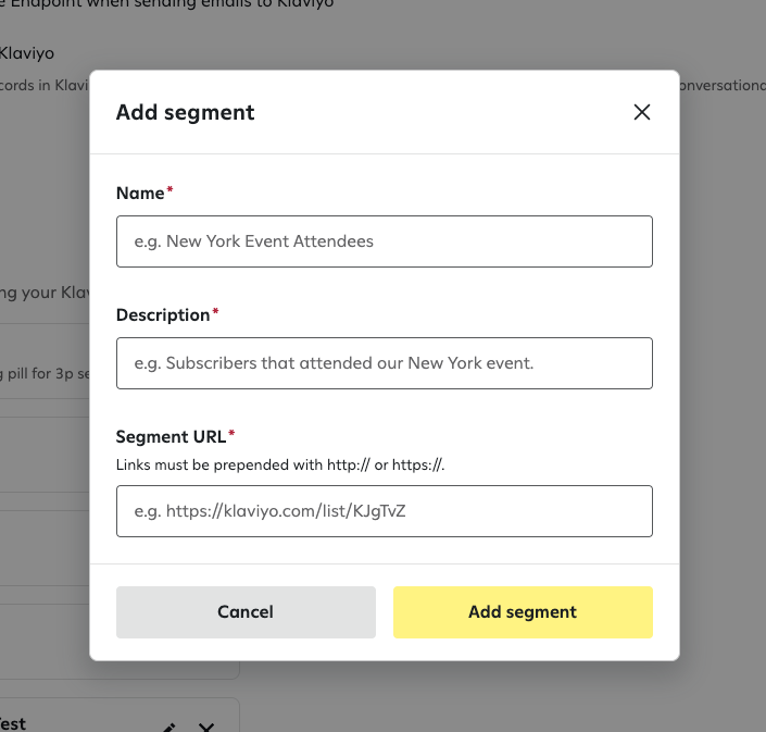 The 'Add segment' window with fields for 'Name', 'Description', and 'Segment URL'.