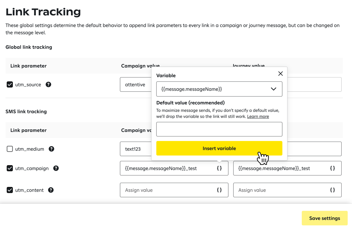 Selecting the ‘{{message.messageName}} variable for the utm_campaign SMS link tracking campaign value.
