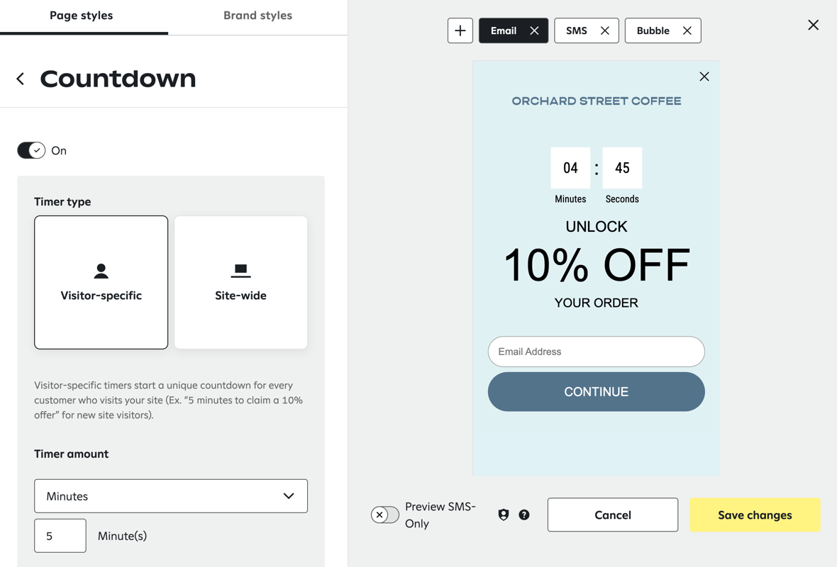 Setting up a sign-up unit in Attentive with the 'Visitor-specific' countdown timer type selected.