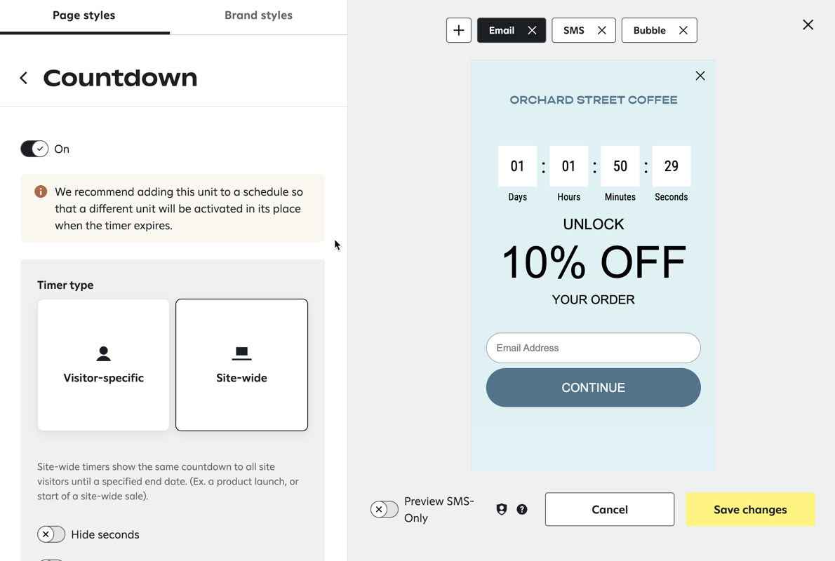 Setting up a sign-up unit in Attentive with the 'Site-wide' countdown timer type selected.