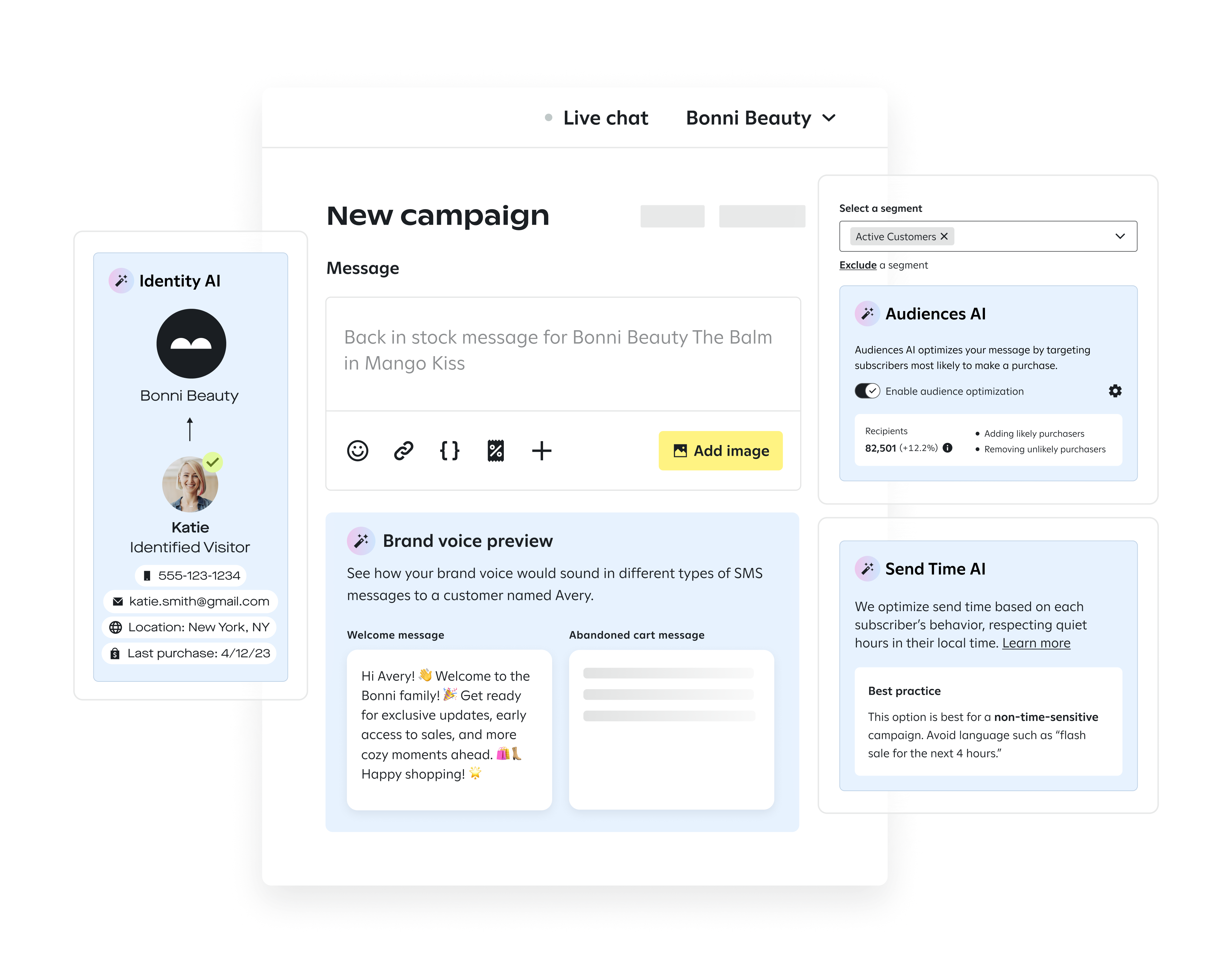 Examples of Audiences AI, Brand Voice AI, and Send Time AI in the Attentive UI.