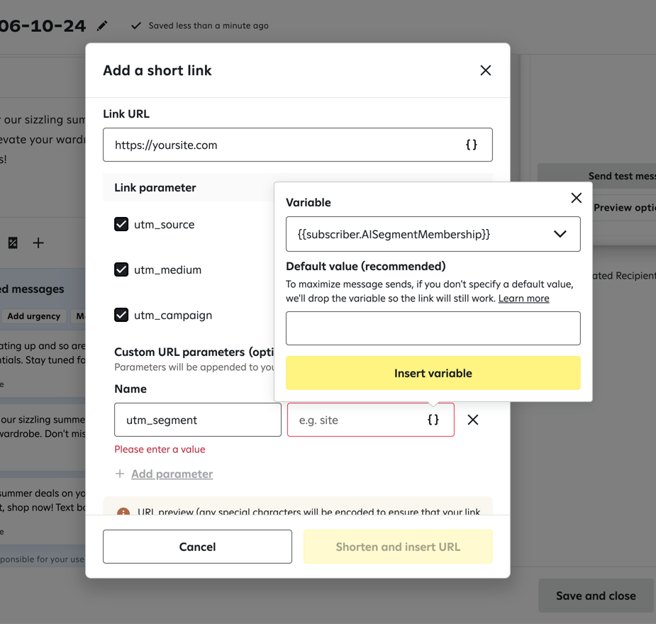 Window for adding a short link where user is selecting the 'subscriber.AISegmentMembership' variable to add to a custom utm_segment parameter.