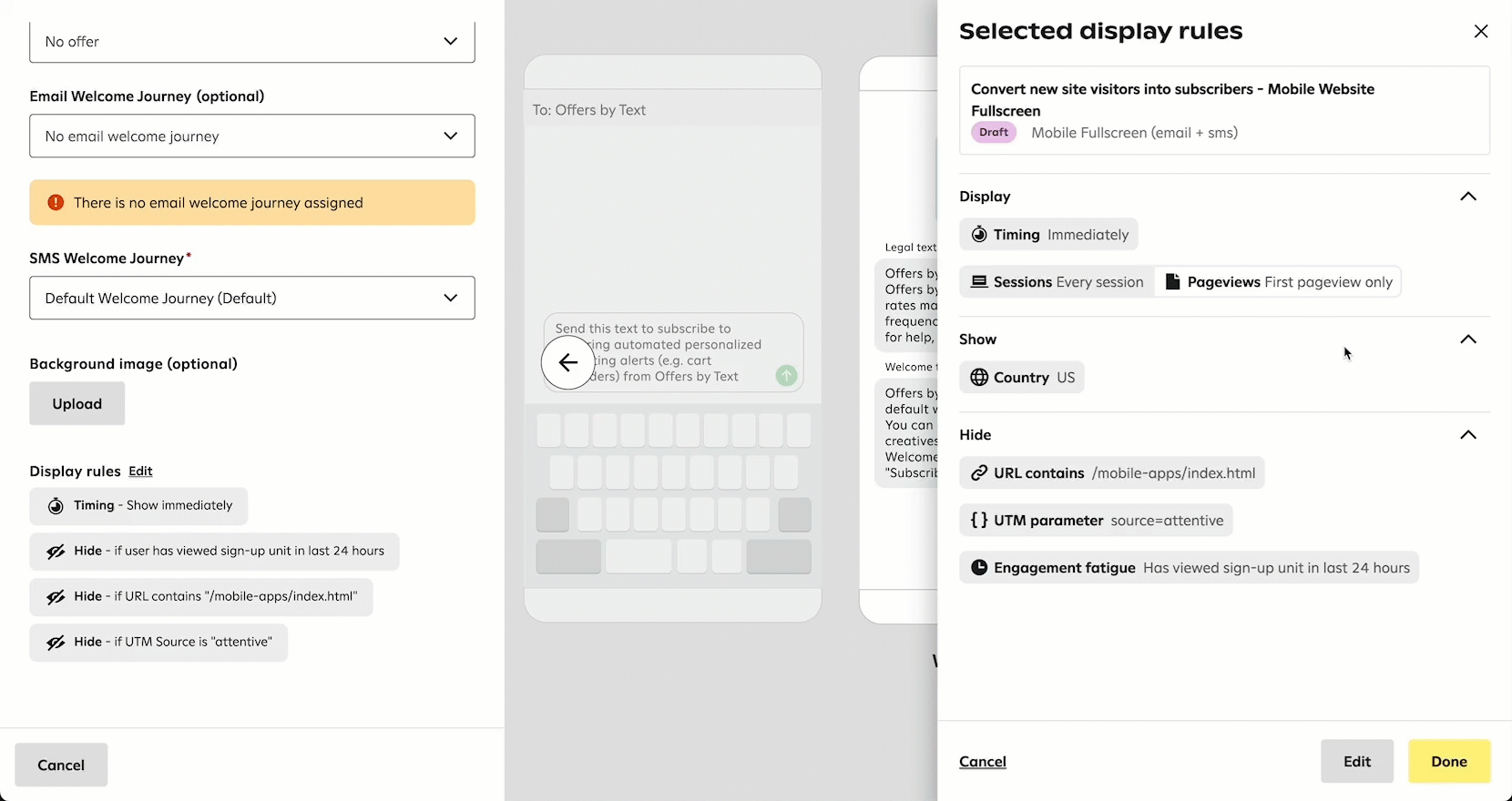 Animation showing a user selecting 'on add to cart' from the 'Timing' dropdown, 'every session' and 'every pageview' from the 'sessions & pageviews' dropdowns.