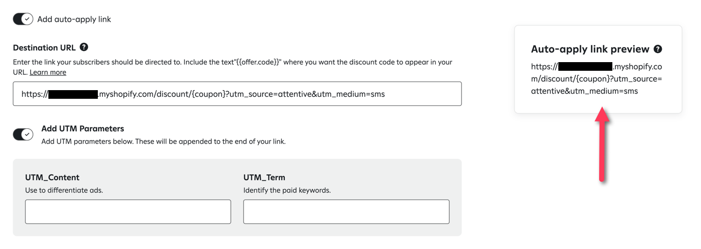 A screenshot from the Attentive platform shows settings for an auto-apply discount link, including the destination URL, UTM parameters, and a preview of the generated link.