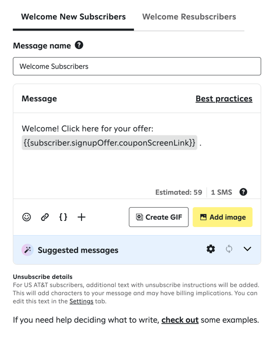 A 'Send text' step in a welcome journey with a message that includes a coupon screen link.