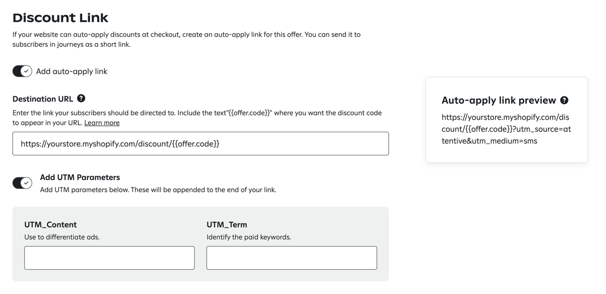 A UI for creating a discount auto-apply link with UTM parameters, showing a destination URL field with a dynamic placeholder for the offer code and a preview of the final link including UTM source and medium.