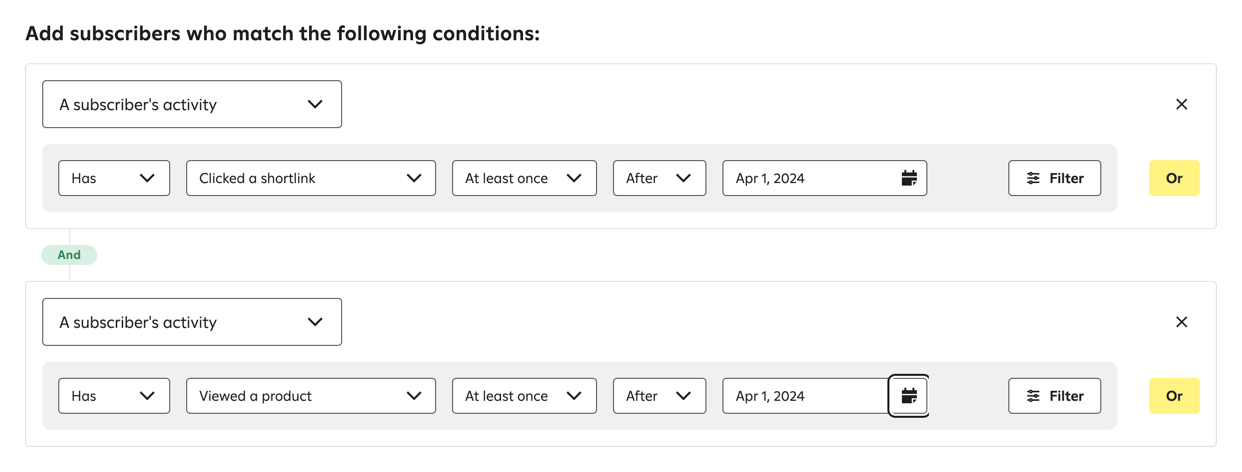 In the Attentive segment builder, a dynamic segment of subscribers who have clicked a shortlink and viewed a product at least once after April 1, 2024.