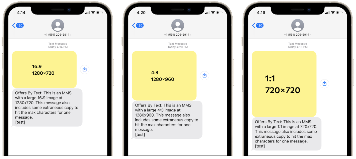 Image of three phone messaging apps where the square media appears the largest despite the landscape and portrait content having larger dimensions.