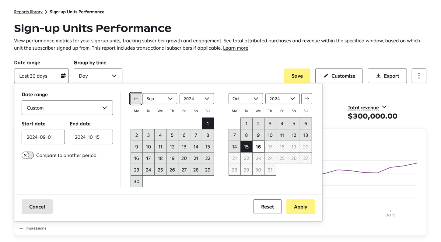 Selecting a custom date range for a report.