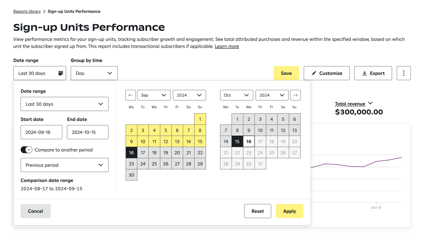 Date picker for Sign-up Units Performance report with options to pick a start date and end date, compare to another period, and view calendars of September and October 2024.