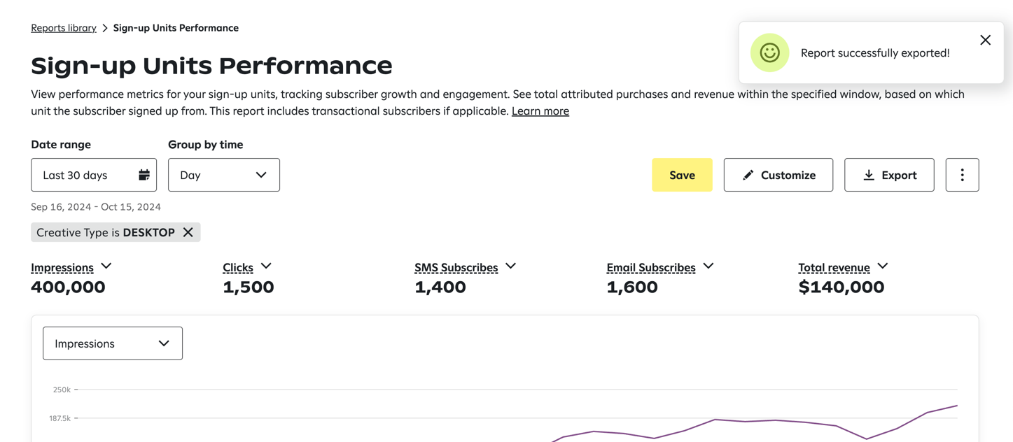 Export button at the top of the page in a report.